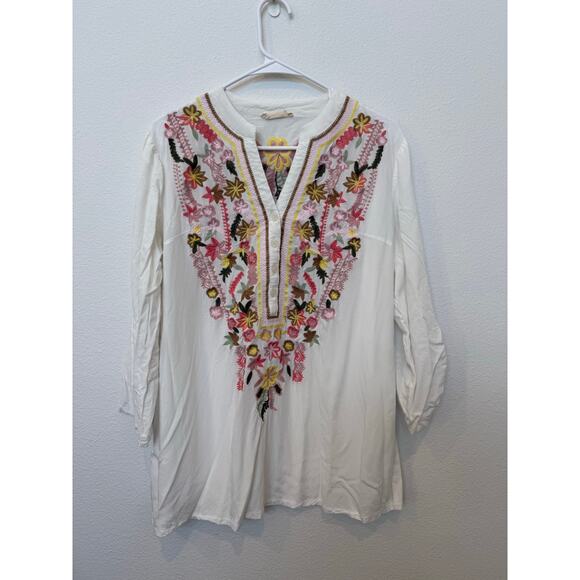 Solitaire Tops - Solitaire‎ White Pink Yellow Floral Embroidered Blouse Medium
